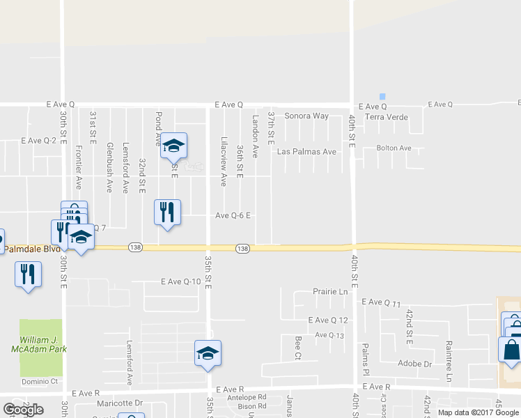 map of restaurants, bars, coffee shops, grocery stores, and more near 38466 Landon Avenue in Palmdale