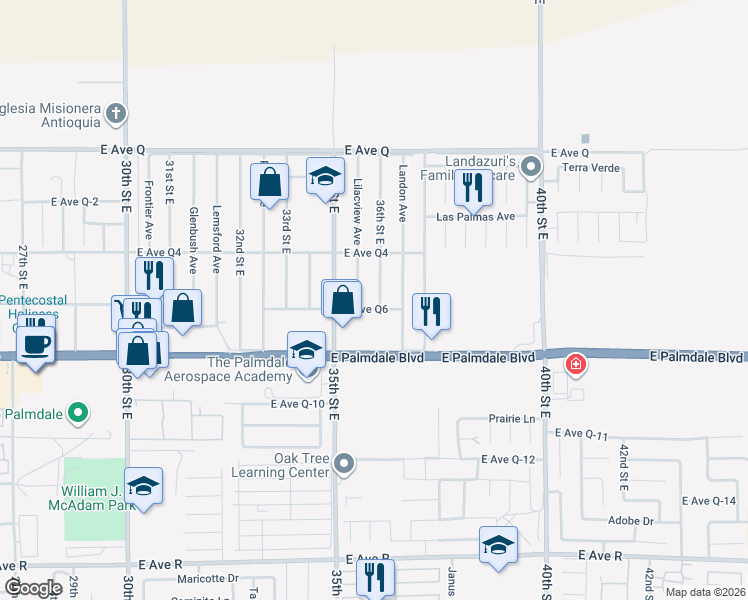 map of restaurants, bars, coffee shops, grocery stores, and more near 38467 36th Street East in Palmdale