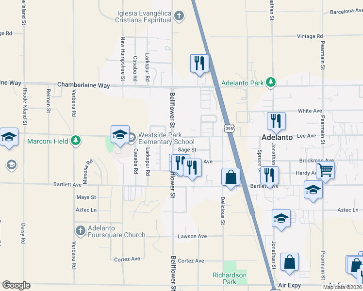 map of restaurants, bars, coffee shops, grocery stores, and more near 11355 Lee Avenue in Adelanto