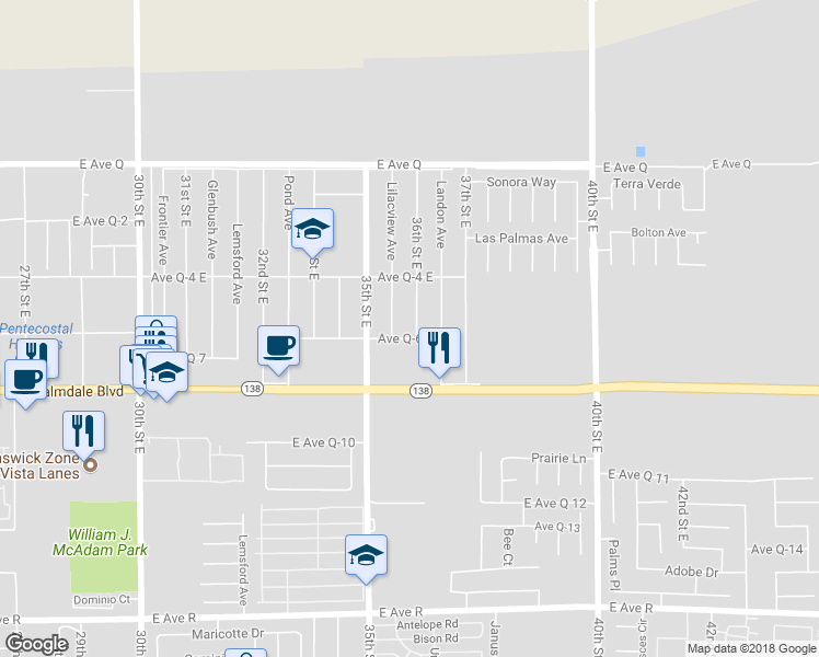 map of restaurants, bars, coffee shops, grocery stores, and more near 38467 36th Street East in Palmdale