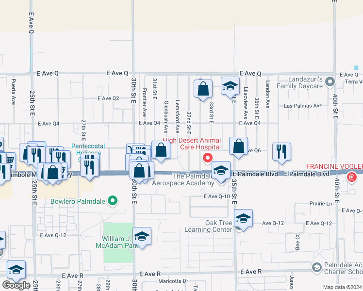 map of restaurants, bars, coffee shops, grocery stores, and more near 38502 Lemsford Avenue in Palmdale