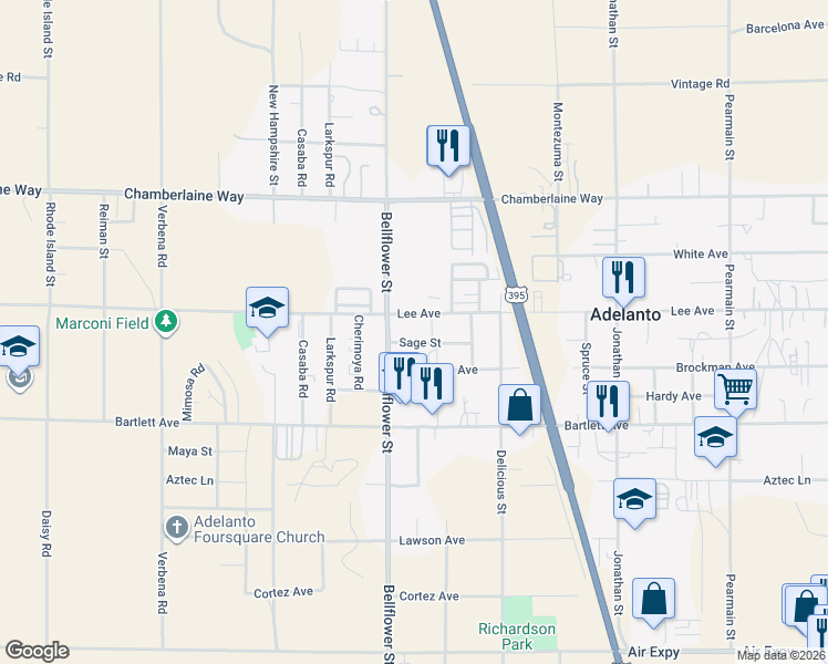 map of restaurants, bars, coffee shops, grocery stores, and more near 11570 Sage Street in Adelanto
