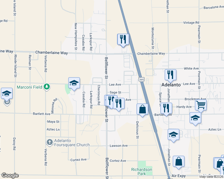 map of restaurants, bars, coffee shops, grocery stores, and more near 11560 Sage Street in Adelanto