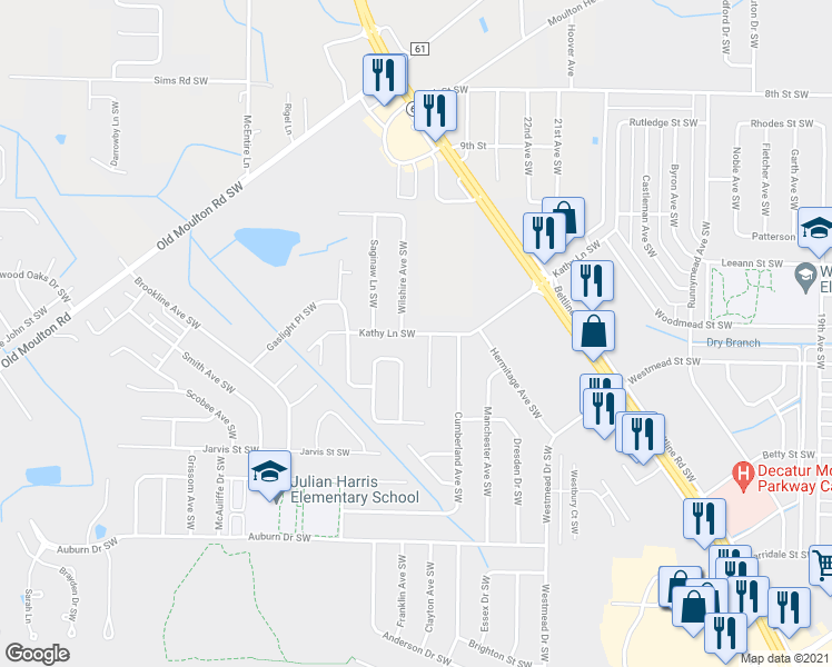 map of restaurants, bars, coffee shops, grocery stores, and more near 2399 Kathy Lane Southwest in Decatur