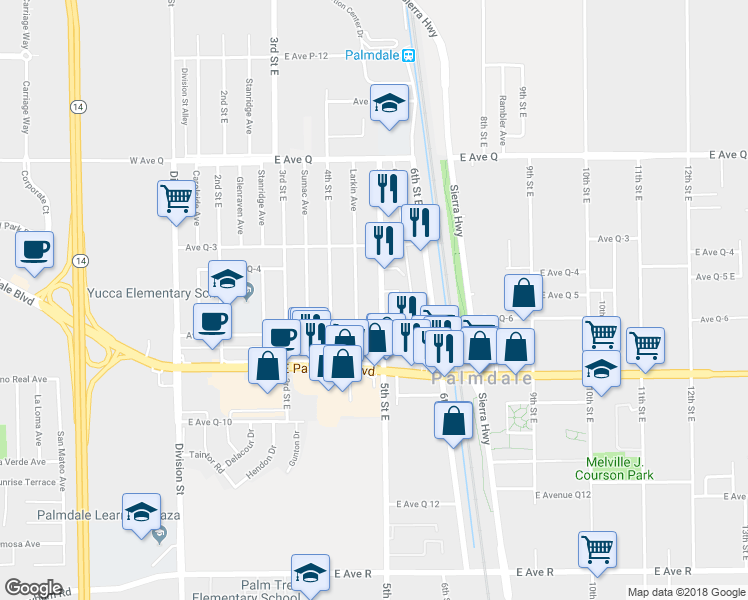 map of restaurants, bars, coffee shops, grocery stores, and more near 509 East Avenue Q5 in Palmdale
