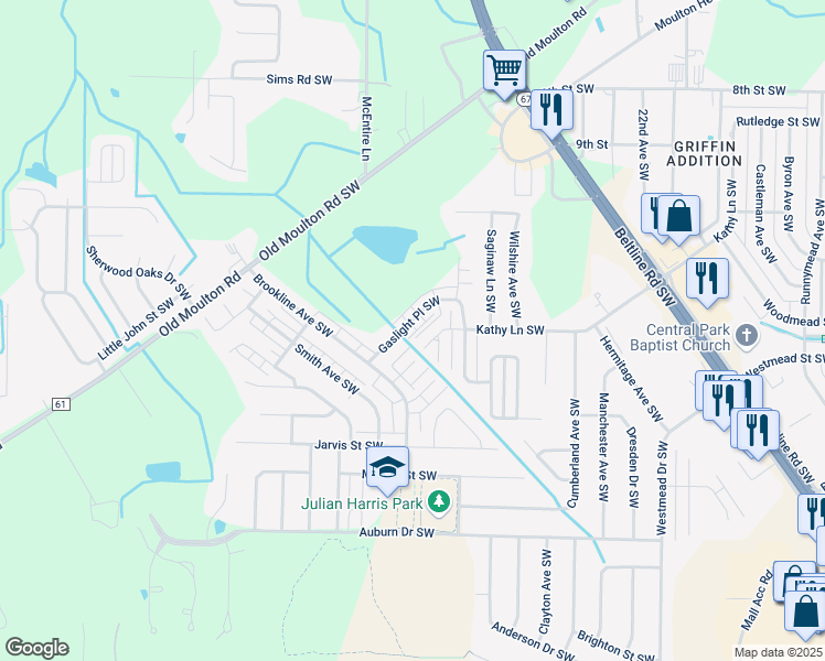 map of restaurants, bars, coffee shops, grocery stores, and more near 2415 Gaslight Place Southwest in Decatur