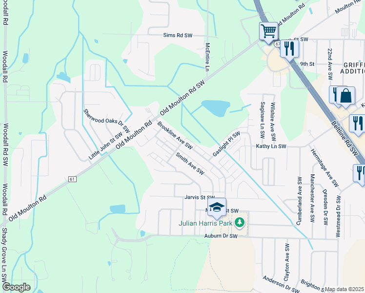 map of restaurants, bars, coffee shops, grocery stores, and more near 1221 Brookline Avenue Southwest in Decatur