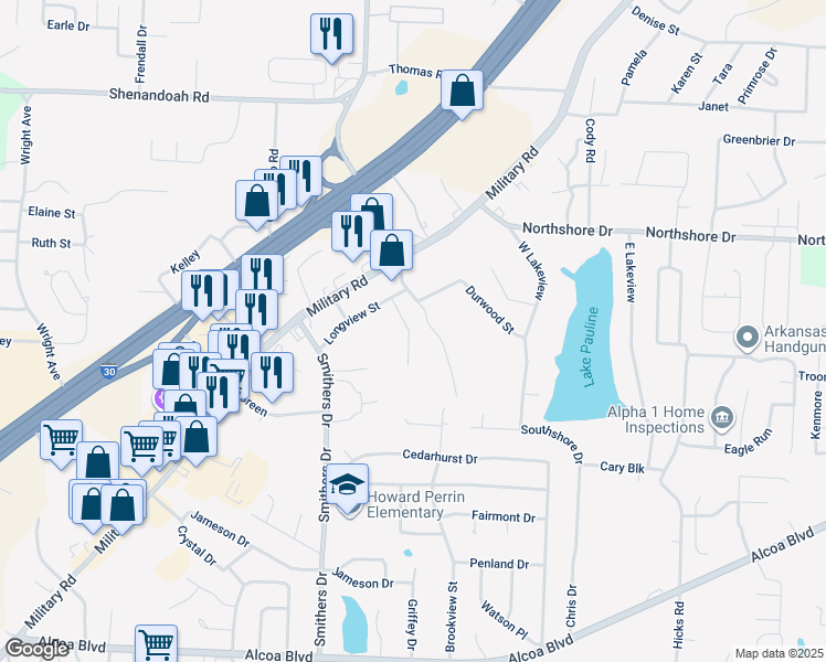 map of restaurants, bars, coffee shops, grocery stores, and more near 2018 Watts Road in Benton