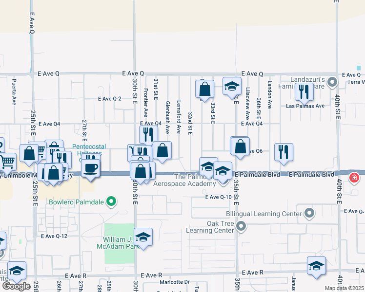 map of restaurants, bars, coffee shops, grocery stores, and more near 38502 Lemsford Avenue in Palmdale