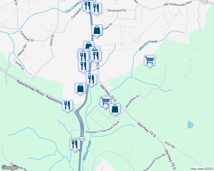 map of restaurants, bars, coffee shops, grocery stores, and more near 367 Old Highway 75 South in Cleveland