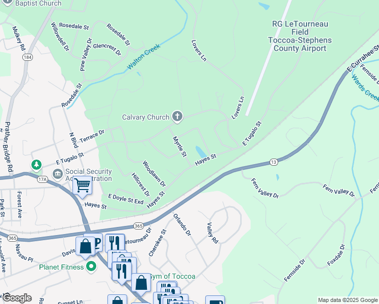 map of restaurants, bars, coffee shops, grocery stores, and more near 155 Myrtle Street in Toccoa