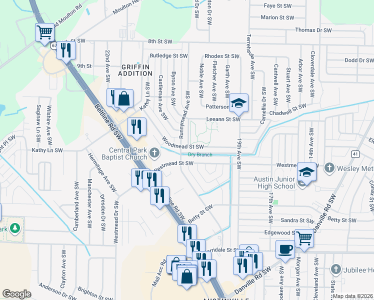map of restaurants, bars, coffee shops, grocery stores, and more near 1931 Woodmead Street Southwest in Decatur