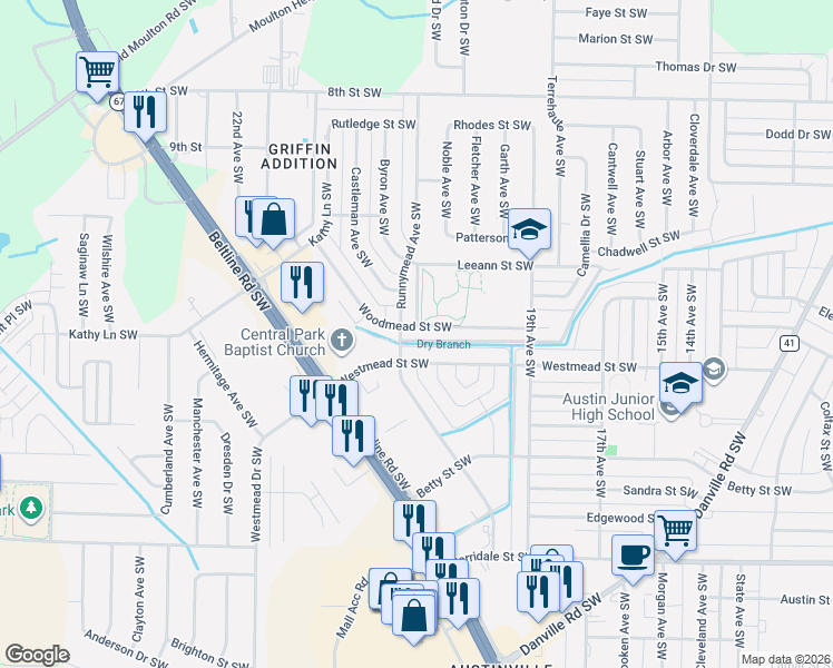 map of restaurants, bars, coffee shops, grocery stores, and more near 1931 Woodmead Street Southwest in Decatur