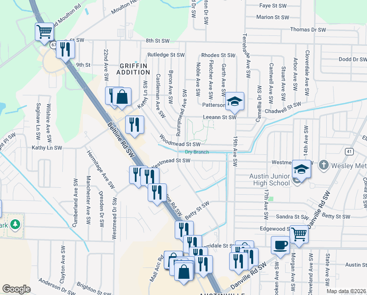 map of restaurants, bars, coffee shops, grocery stores, and more near 1931 Woodmead Street Southwest in Decatur