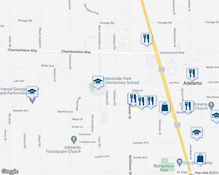 map of restaurants, bars, coffee shops, grocery stores, and more near 18255 Casaba Road in Adelanto