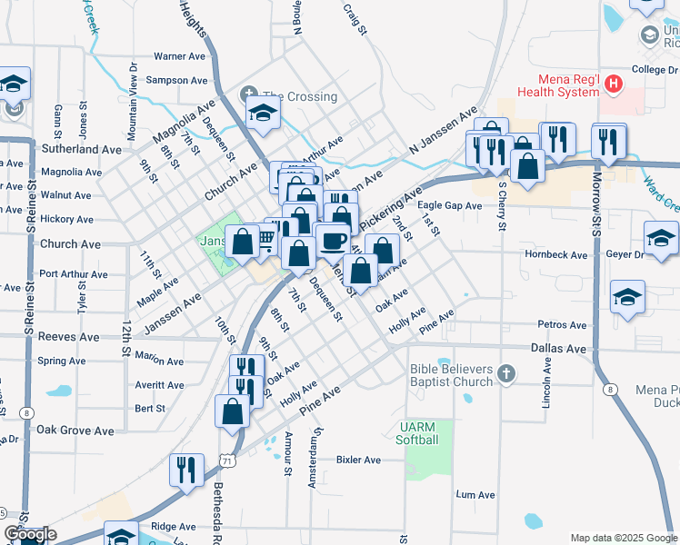 map of restaurants, bars, coffee shops, grocery stores, and more near Mena Street in Mena