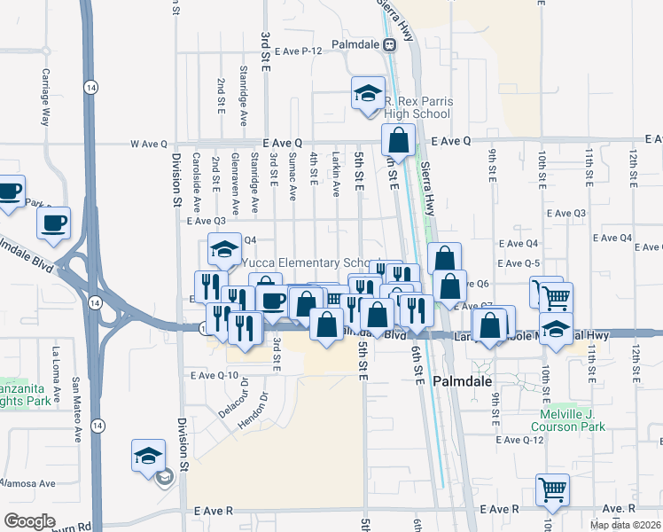 map of restaurants, bars, coffee shops, grocery stores, and more near 38503 Larkin Avenue in Palmdale