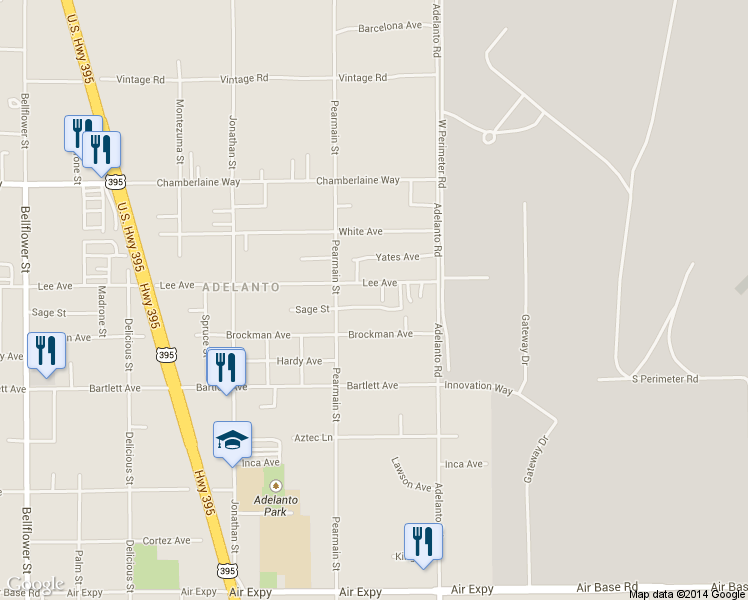 map of restaurants, bars, coffee shops, grocery stores, and more near 11957 Lee Avenue in Adelanto