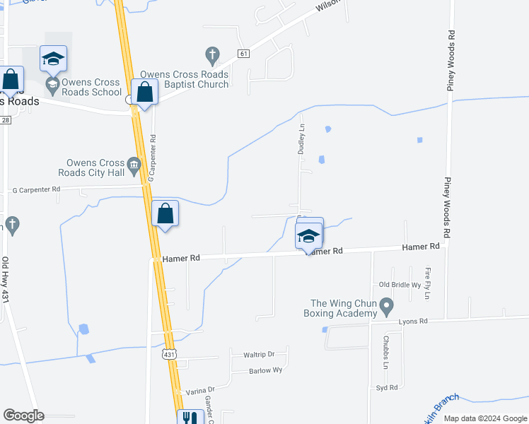 map of restaurants, bars, coffee shops, grocery stores, and more near 156 Dudley Lane in Owens Cross Roads