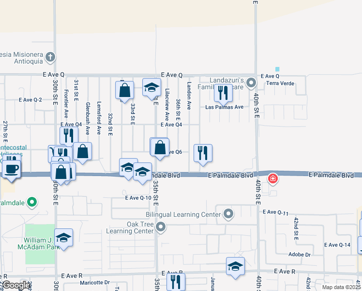 map of restaurants, bars, coffee shops, grocery stores, and more near 38500 36th Street East in Palmdale