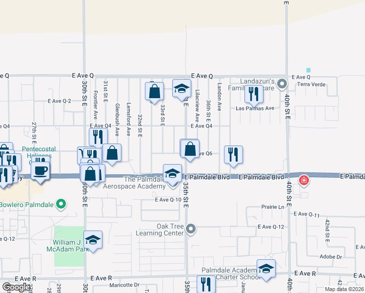 map of restaurants, bars, coffee shops, grocery stores, and more near 38515 35th Street East in Palmdale