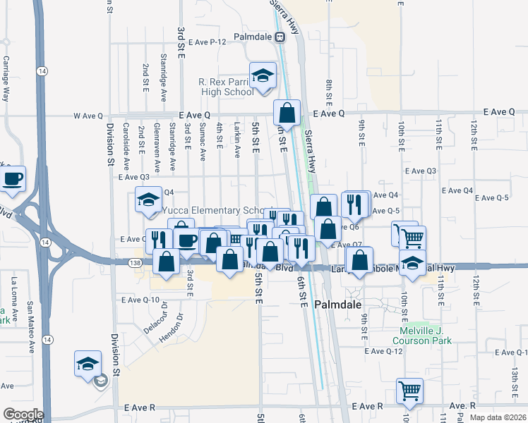 map of restaurants, bars, coffee shops, grocery stores, and more near 504 East Avenue Q-5 in Palmdale