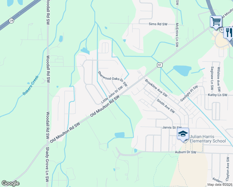 map of restaurants, bars, coffee shops, grocery stores, and more near 2617 Little John Street Southwest in Decatur