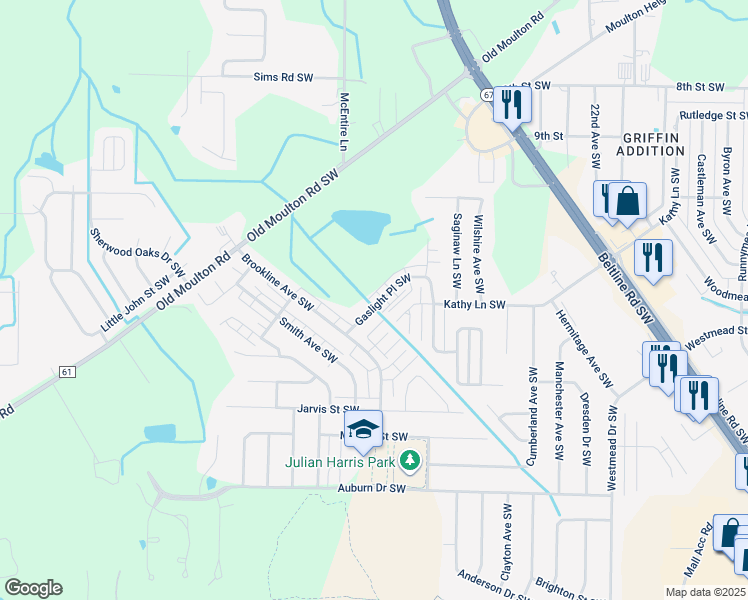 map of restaurants, bars, coffee shops, grocery stores, and more near 2422 Gaslight Place Southwest in Decatur