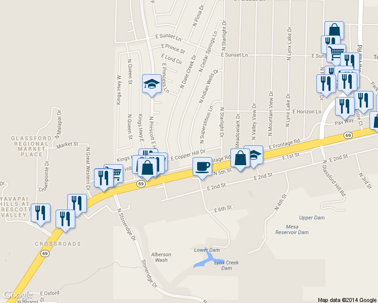 map of restaurants, bars, coffee shops, grocery stores, and more near 2723 North Cedar Springs Lane in Prescott Valley
