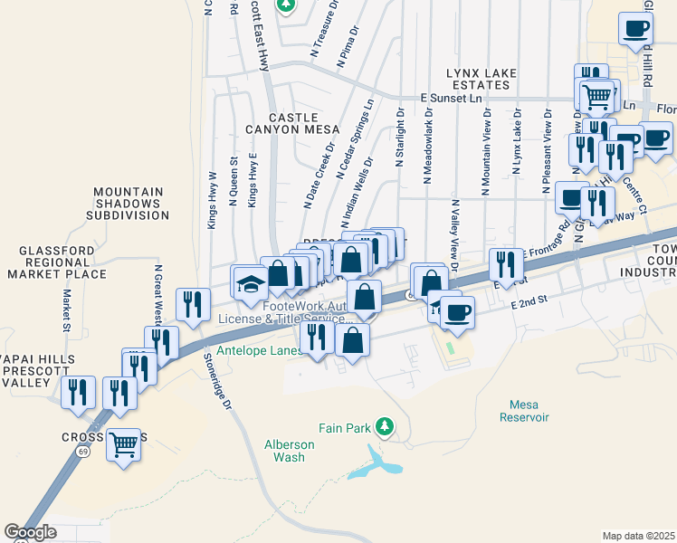 map of restaurants, bars, coffee shops, grocery stores, and more near 6330 East Copper Hill Drive in Prescott Valley