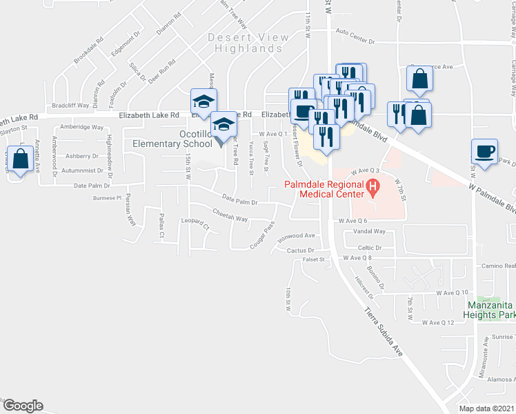 map of restaurants, bars, coffee shops, grocery stores, and more near 1212 Date Palm Drive in Palmdale