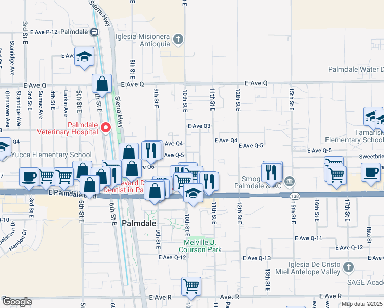 map of restaurants, bars, coffee shops, grocery stores, and more near 1012 East Avenue Q5 in Palmdale