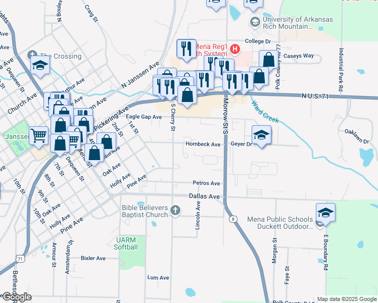 map of restaurants, bars, coffee shops, grocery stores, and more near 504 Proft Cir in Mena
