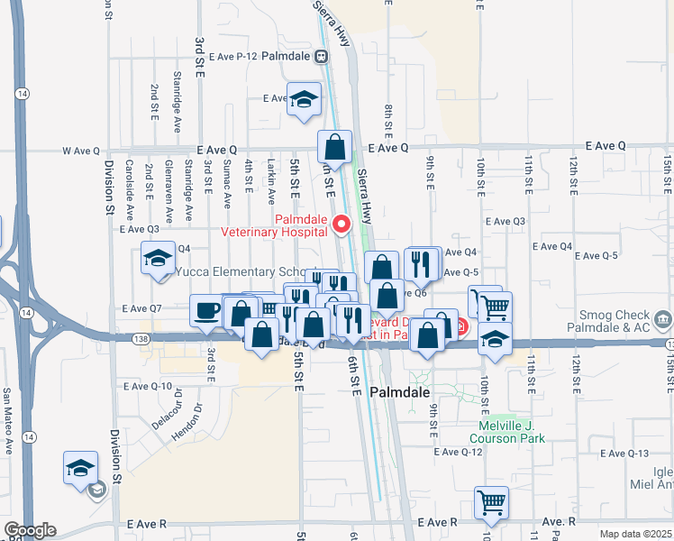 map of restaurants, bars, coffee shops, grocery stores, and more near 38529 6th East Alley in Palmdale