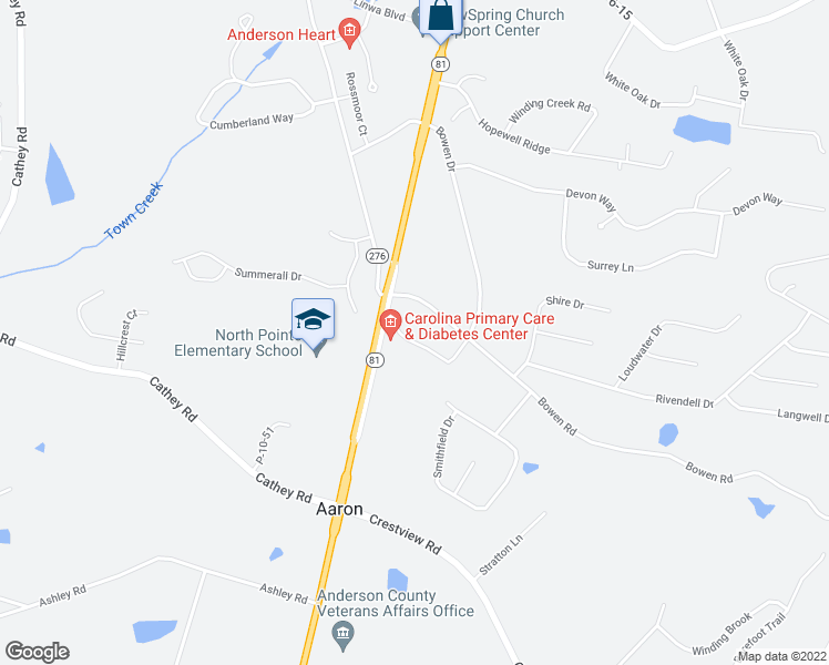 map of restaurants, bars, coffee shops, grocery stores, and more near 322 Bowen Drive in Anderson
