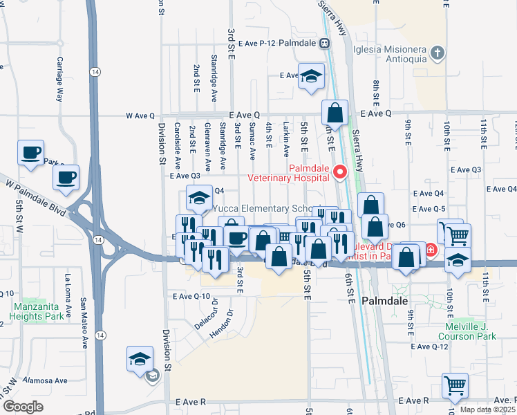 map of restaurants, bars, coffee shops, grocery stores, and more near 38508 Sumac Avenue in Palmdale