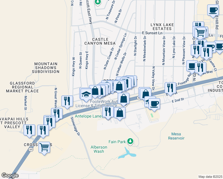 map of restaurants, bars, coffee shops, grocery stores, and more near 2723 N Cedar Springs Ln in Prescott Valley
