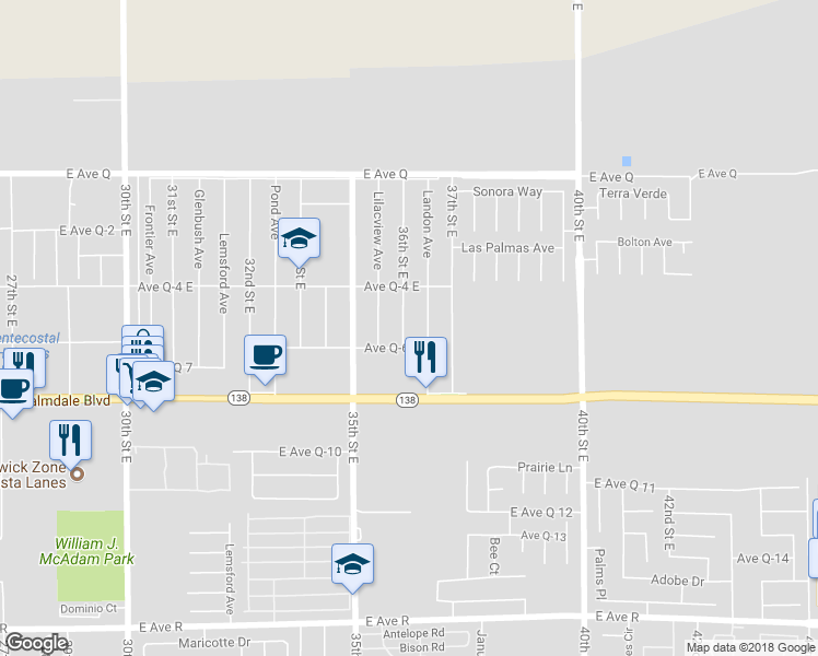 map of restaurants, bars, coffee shops, grocery stores, and more near 38508 36th Street East in Palmdale