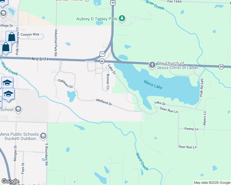 map of restaurants, bars, coffee shops, grocery stores, and more near 152 Polk Road 89 in Mena