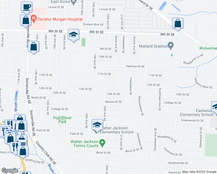 map of restaurants, bars, coffee shops, grocery stores, and more near 2003 12th Street Southeast in Decatur
