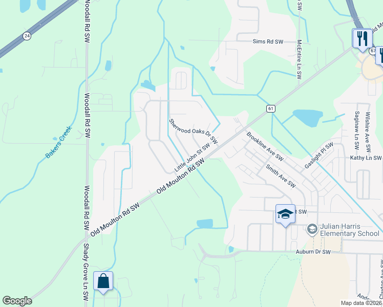 map of restaurants, bars, coffee shops, grocery stores, and more near 2617 Little John Street Southwest in Decatur