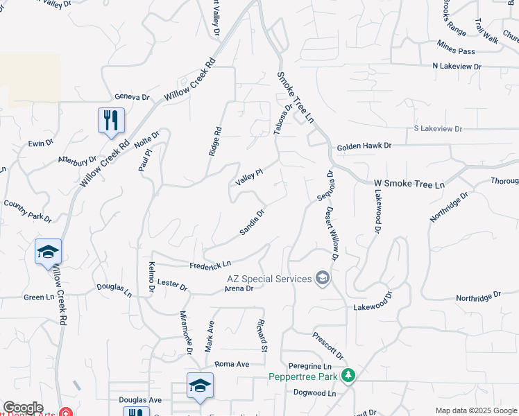 map of restaurants, bars, coffee shops, grocery stores, and more near 2298 Sandia Drive in Prescott