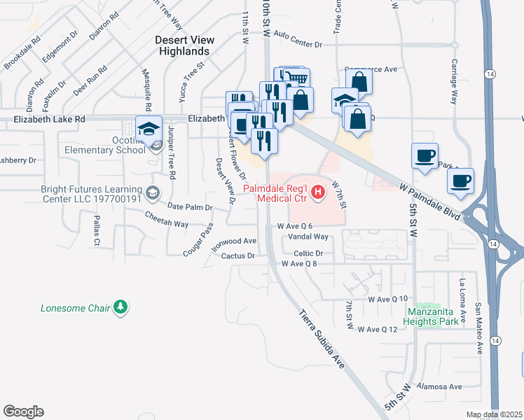map of restaurants, bars, coffee shops, grocery stores, and more near 38522 Desert Flower Drive in Palmdale