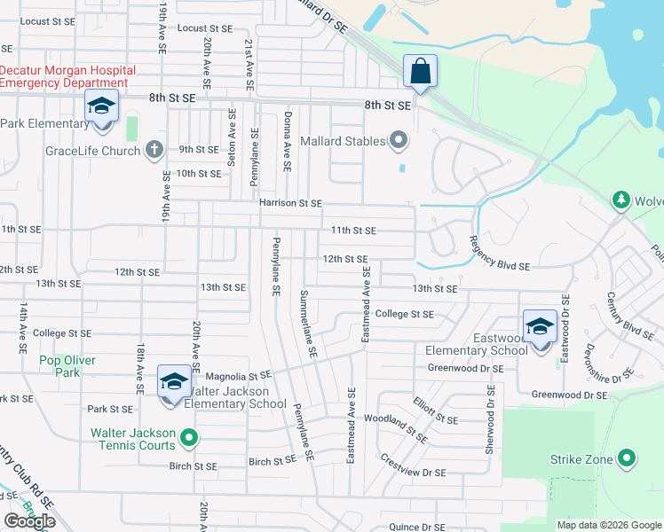 map of restaurants, bars, coffee shops, grocery stores, and more near 2207 12th Street Southeast in Decatur