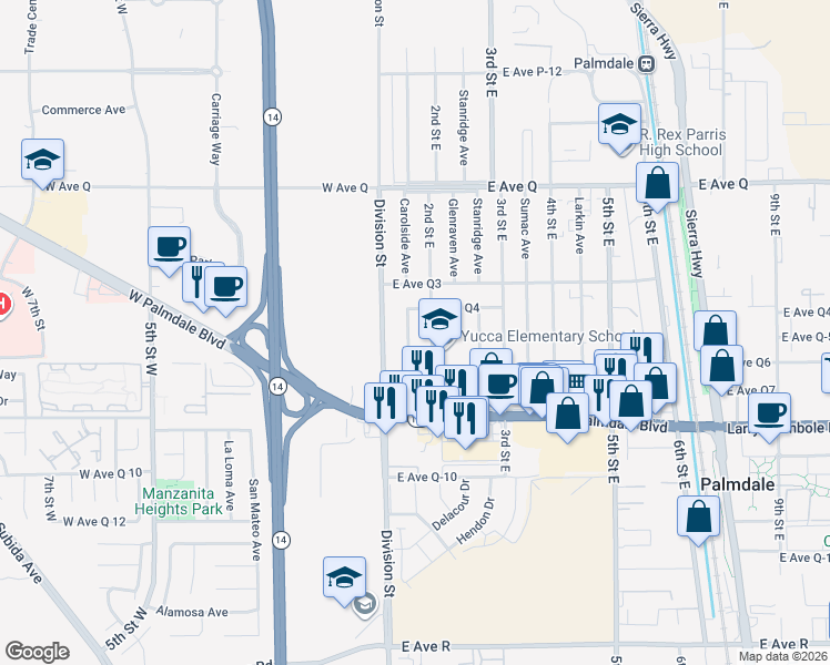 map of restaurants, bars, coffee shops, grocery stores, and more near 38514 Carolside Avenue in Palmdale