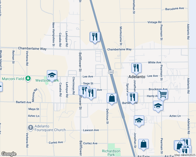 map of restaurants, bars, coffee shops, grocery stores, and more near 11429 Lee Avenue in Adelanto
