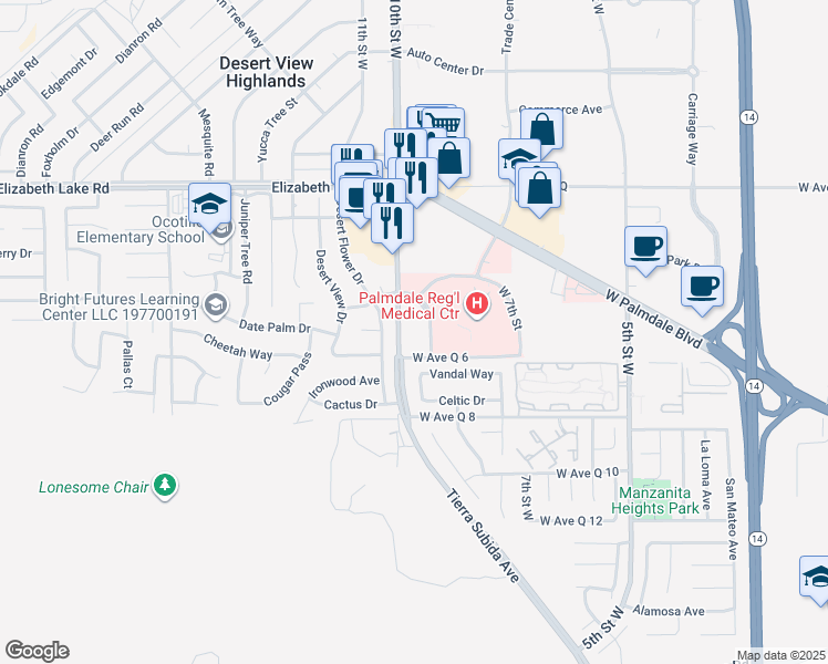 map of restaurants, bars, coffee shops, grocery stores, and more near 38530 Tierra Subida Avenue in Palmdale