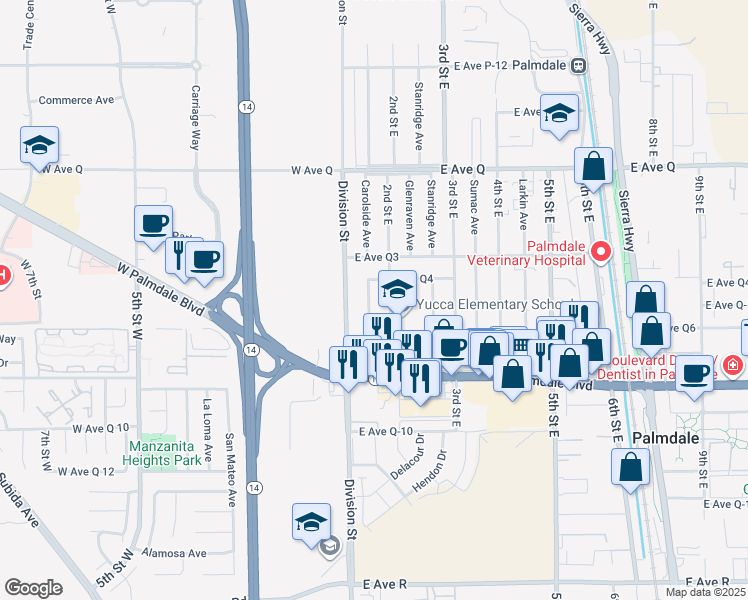 map of restaurants, bars, coffee shops, grocery stores, and more near 38514 Carolside Avenue in Palmdale