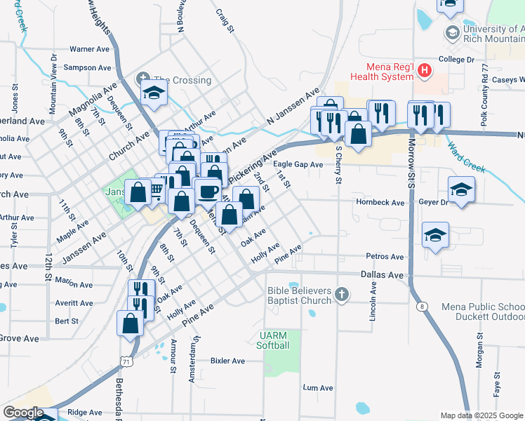 map of restaurants, bars, coffee shops, grocery stores, and more near 1002 3rd Street in Mena