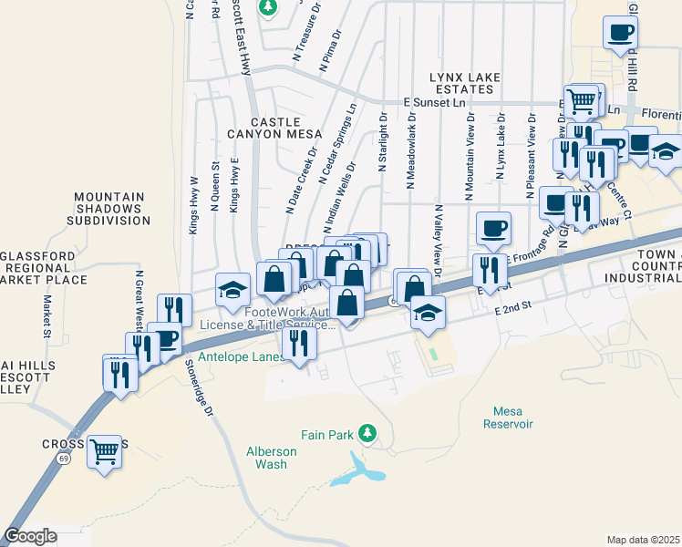 map of restaurants, bars, coffee shops, grocery stores, and more near 6392 East Copper Hill Drive in Prescott Valley